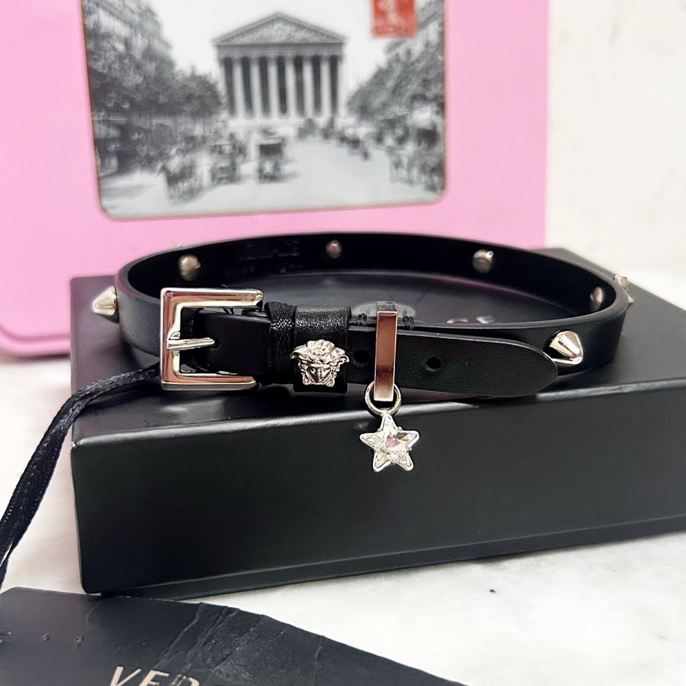Authentic Versace NWT Black Medusa Crystal Star / Stud Buckle Choker